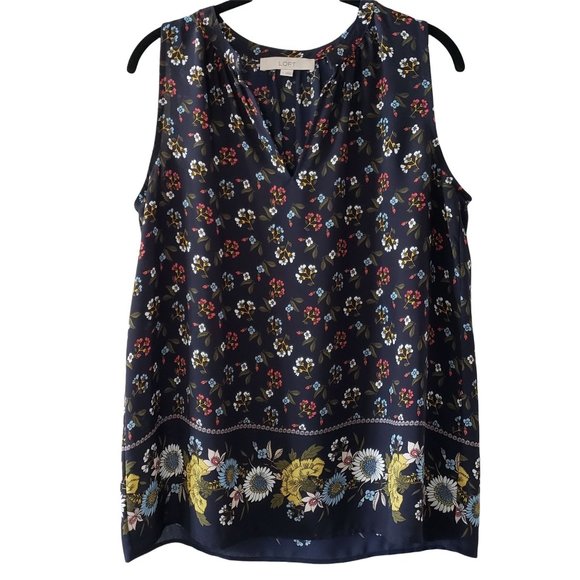 LOFT Tops - Loft Sleeveless Top Blouse, Navy Blue with Multi-Colored Floral Print, Sz S